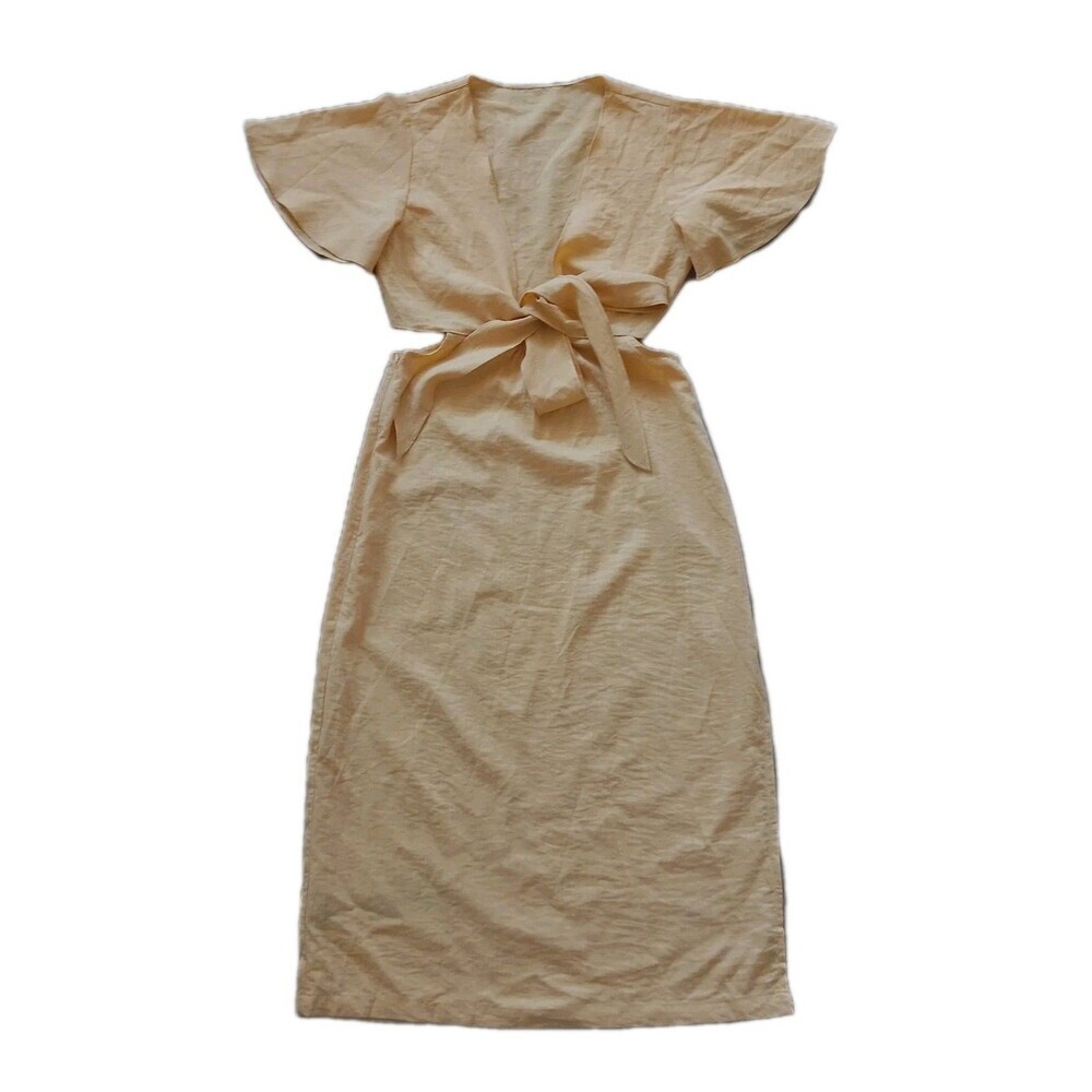 Cider Yellow Midi Dress Womens Small Cut Out Ribbon Tie Side Slit Boho Beach NWT